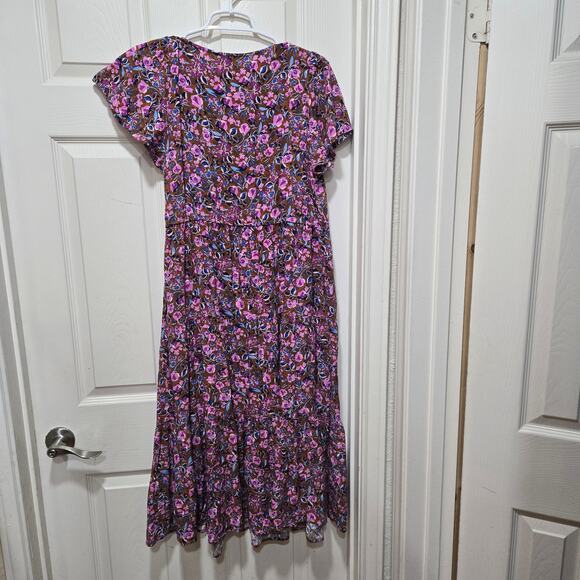 J.Crew Floral Tiered Midi Dress Size 10 Brown Pink Purple V-Neck - Picture 3 of 9